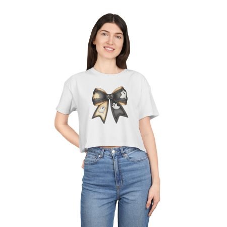Ghostly Bow Women's Crop Tee | Halloween Apparel, Casual Top, Spooky Style, Trendy Outfit, Festival Wear, Gift Idea