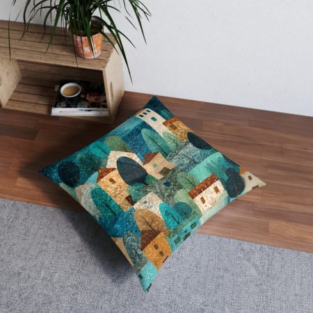 Cozy Tufted Floor Pillow with Rustic Village Design, Decorative Cushion for Living Room, Bohemian Home Decor, Housewarming Gift, Table [...]