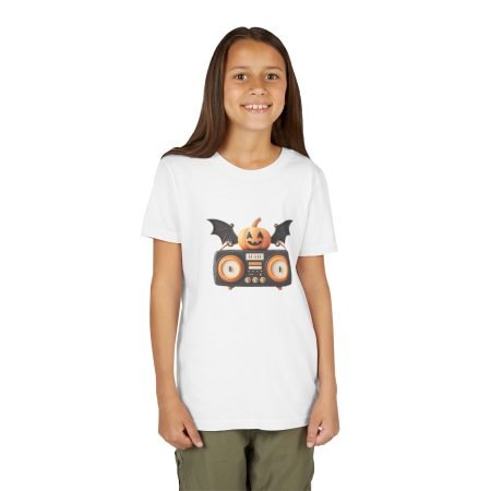 Halloween Youth Tee with Pumpkin & Bat Design, Spooky Shirt for Kids, Trick or Treat Outfit, Fall Celebration Top, Cute Halloween Apparel