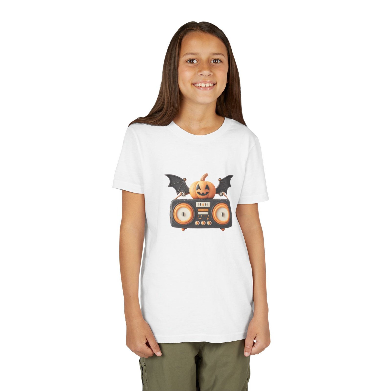 Halloween Youth Tee with Pumpkin & Bat Design, Spooky Shirt for Kids, Trick or Treat Outfit, Fall Celebration Top, Cute Halloween Apparel