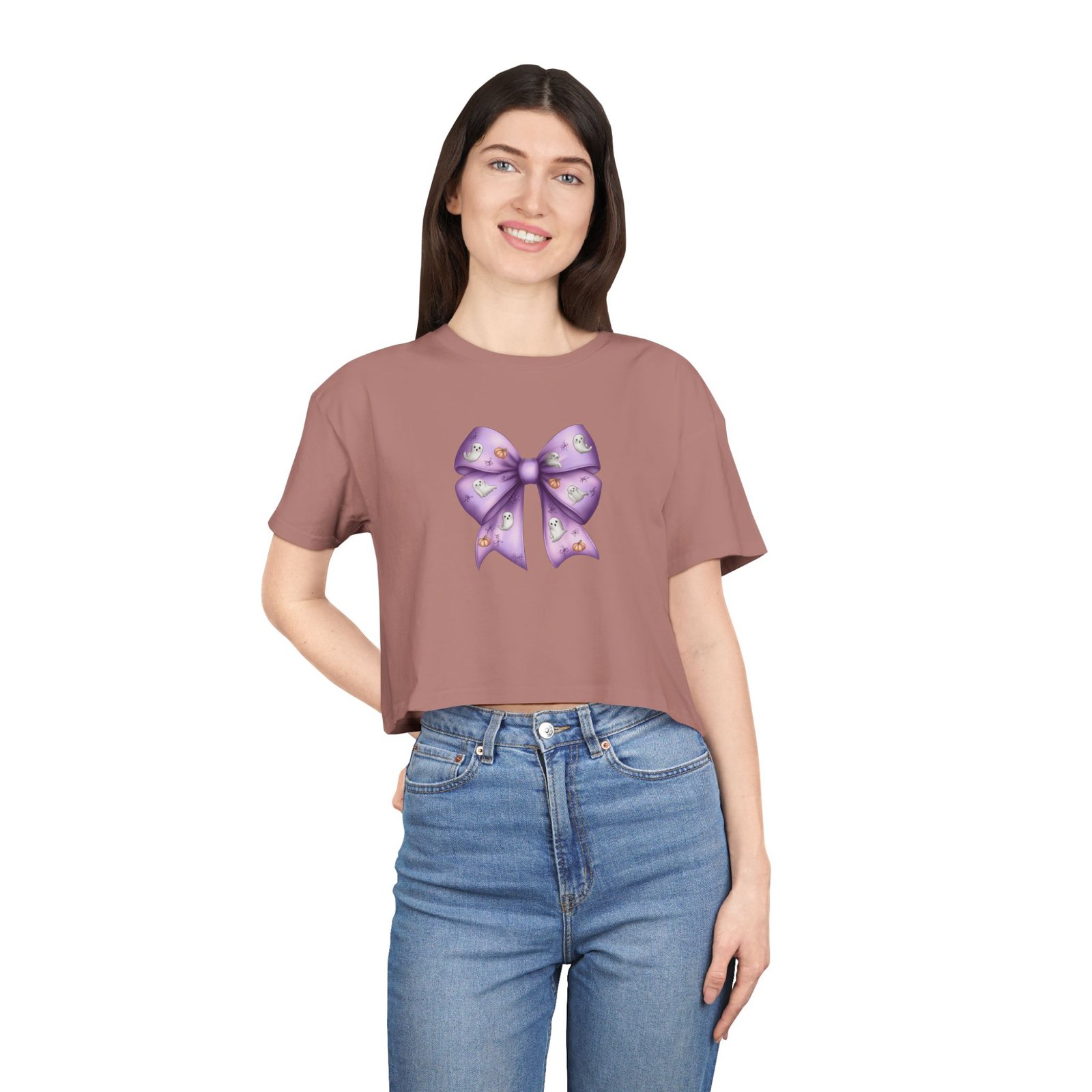 Women's Crop Tee with Purple Bow, Cute Casual Shirt, Summer Outfit, Gift for Her, Trendy Fashion Tee - Image 6