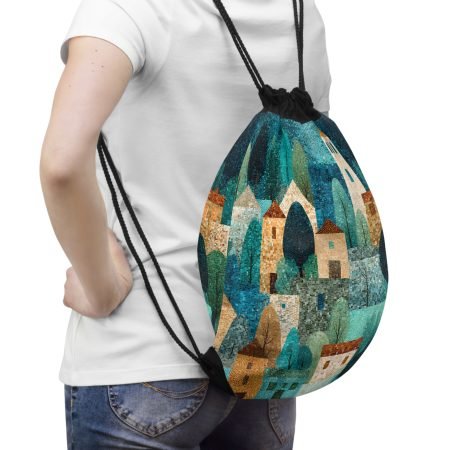 Whimsical Village Drawstring Bag, Nature Inspired Backpack, Cute Gym Tote, Art Print Travel Bag, Ideal Gift for Nature Lovers