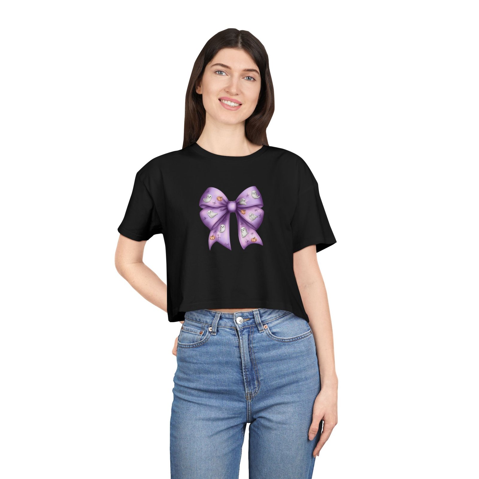 Women's Crop Tee with Purple Bow, Cute Casual Shirt, Summer Outfit, Gift for Her, Trendy Fashion Tee - Image 3