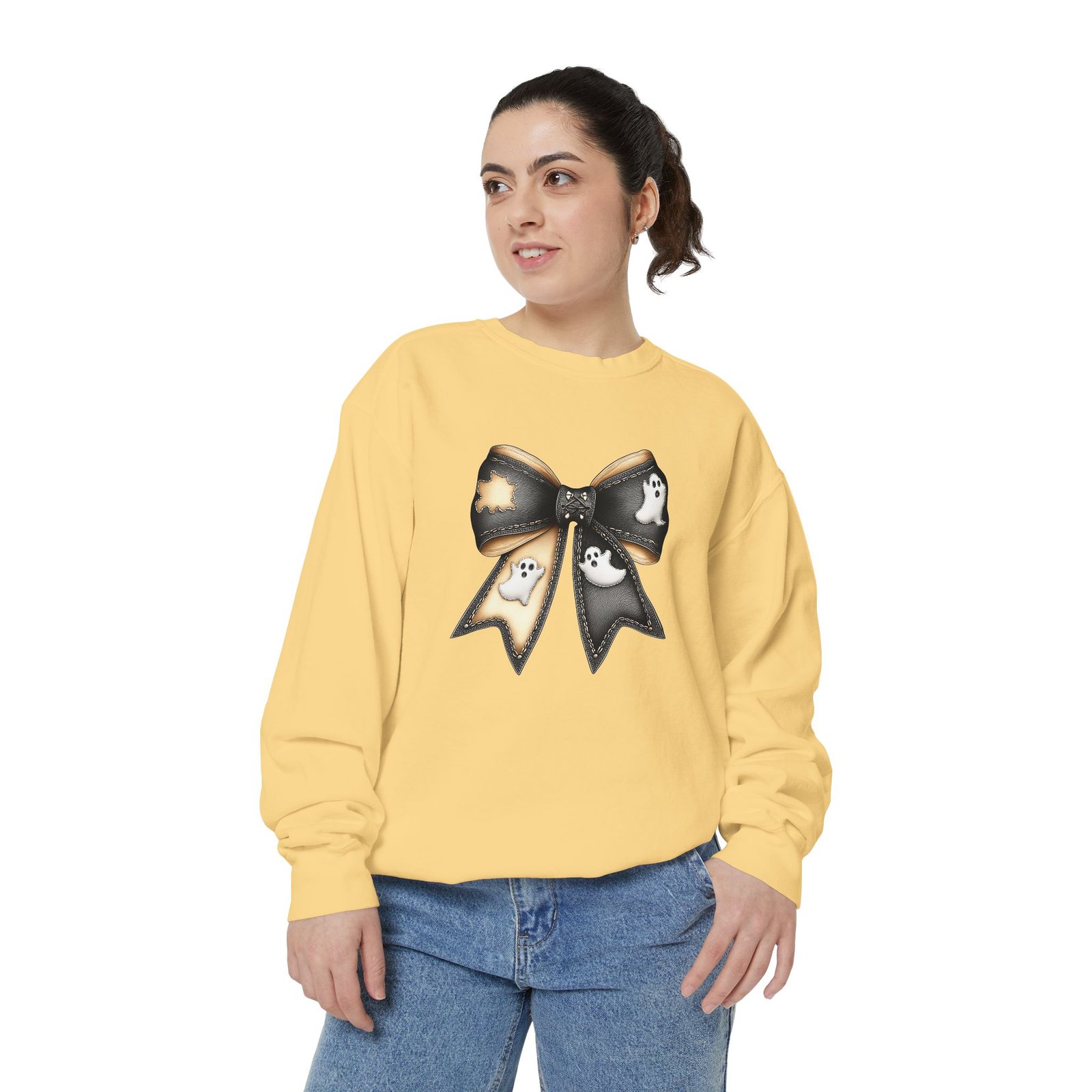 Halloween Ghost Bow Sweatshirt, Unisex Sweatshirt for Fall, Cozy Halloween Apparel, Spooky Season Gift, Cute Ghost Design - Image 3