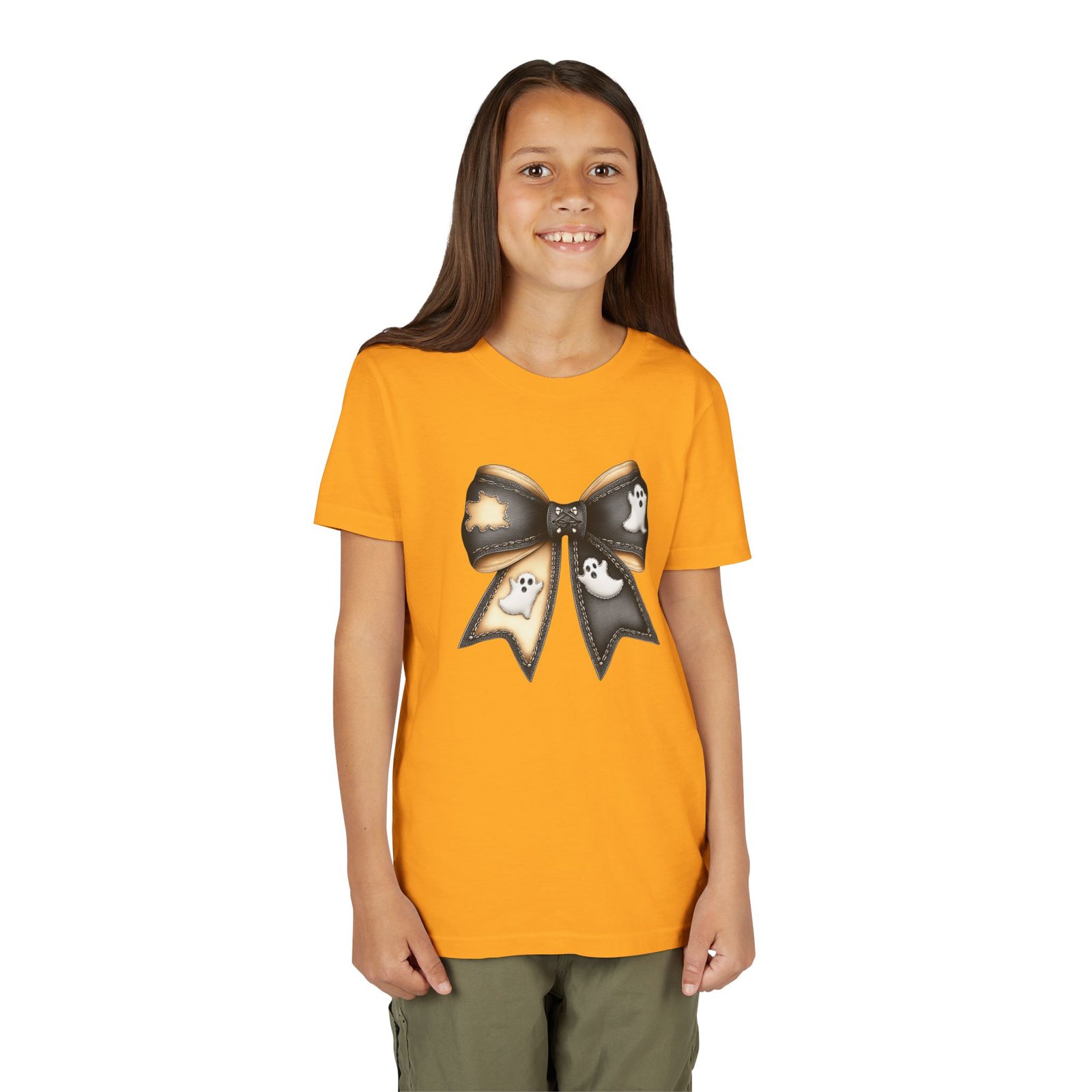 Ghostly Bow Youth Tee - Halloween Tee, Kids Short Sleeve Shirt, Spooky Shirt, Fall Fashion, Cute Ghost T-Shirt - Image 4