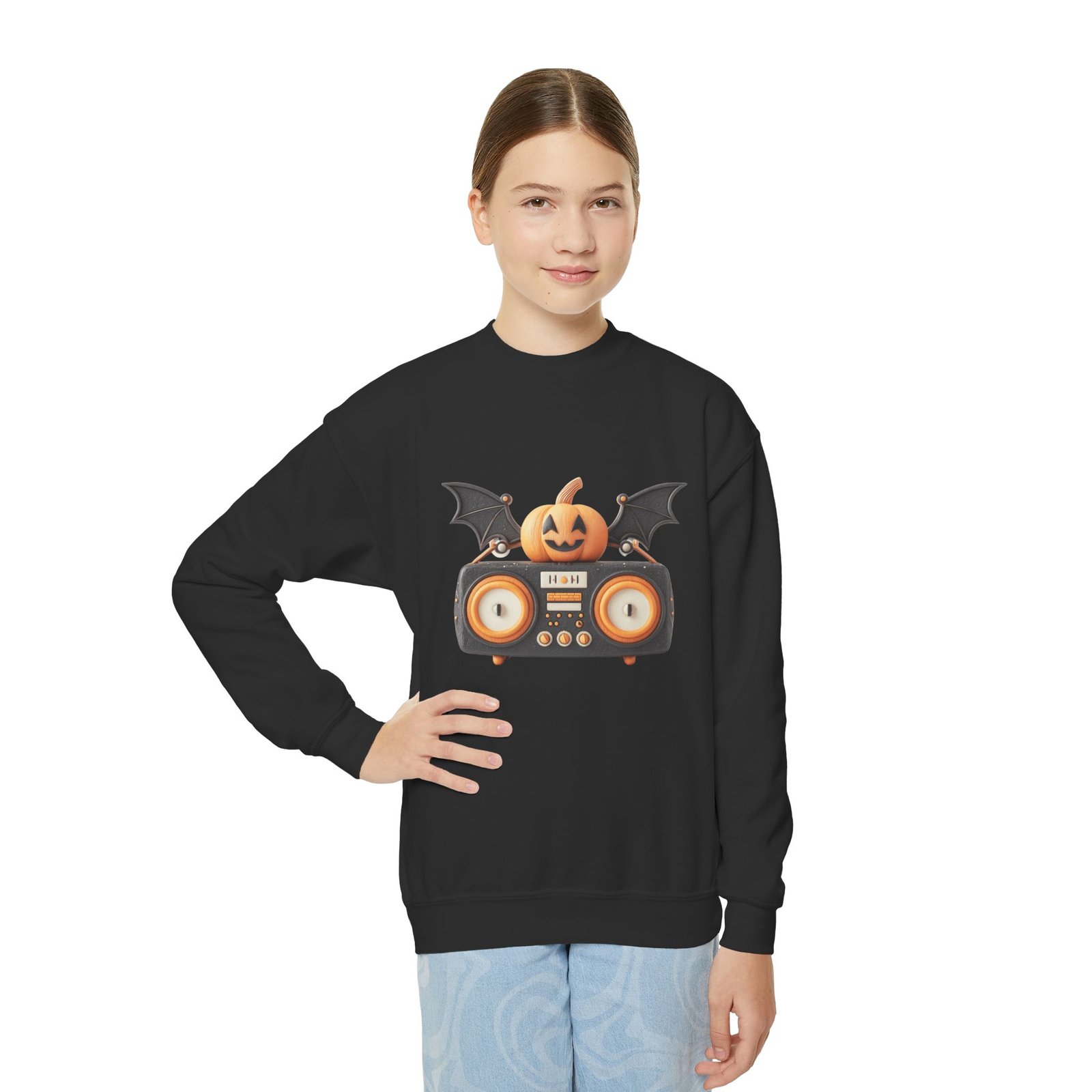Halloween Pumpkin Boombox Youth Sweatshirt, Spooky Crewneck for Kids, Fall Fashion, Trick-or-Treat Gift, Halloween Parties - Image 2