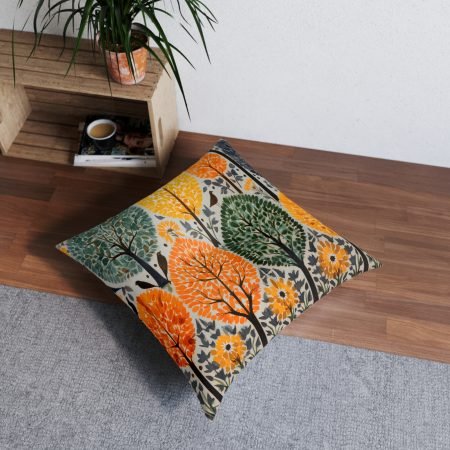 Autumn Forest Tufted Floor Pillow, Cozy Home Decor Accent, Seasonal Throw Pillow, Thanksgiving Gift, Botanical Cushion