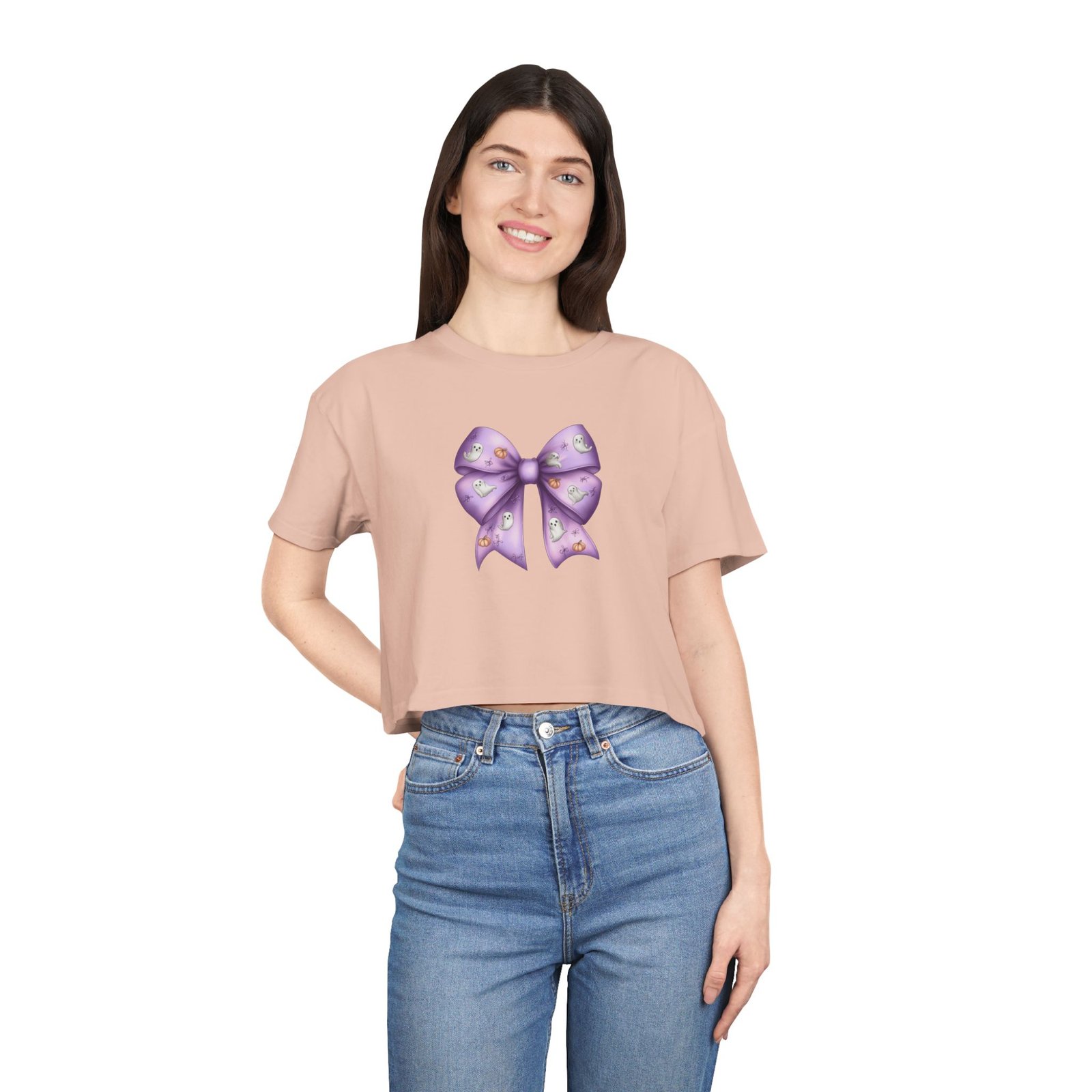 Women's Crop Tee with Purple Bow, Cute Casual Shirt, Summer Outfit, Gift for Her, Trendy Fashion Tee - Image 5