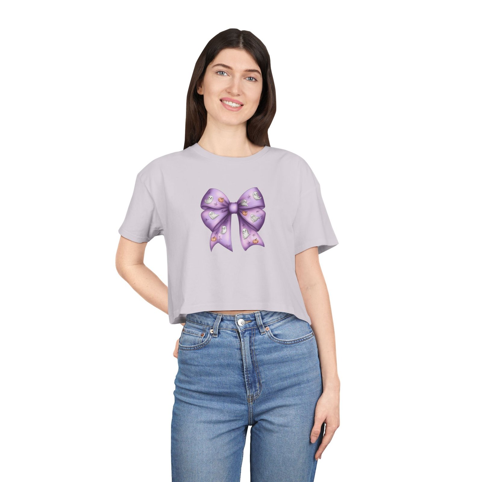 Women's Crop Tee with Purple Bow, Cute Casual Shirt, Summer Outfit, Gift for Her, Trendy Fashion Tee - Image 9