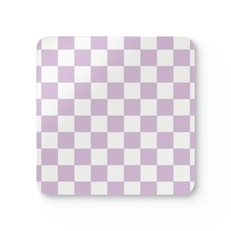 Chic Corkwood Coaster Set, Stylish Drinkware Protectors, Home Decor Gifts, Unique Housewarming Present, Purple Checkered Design