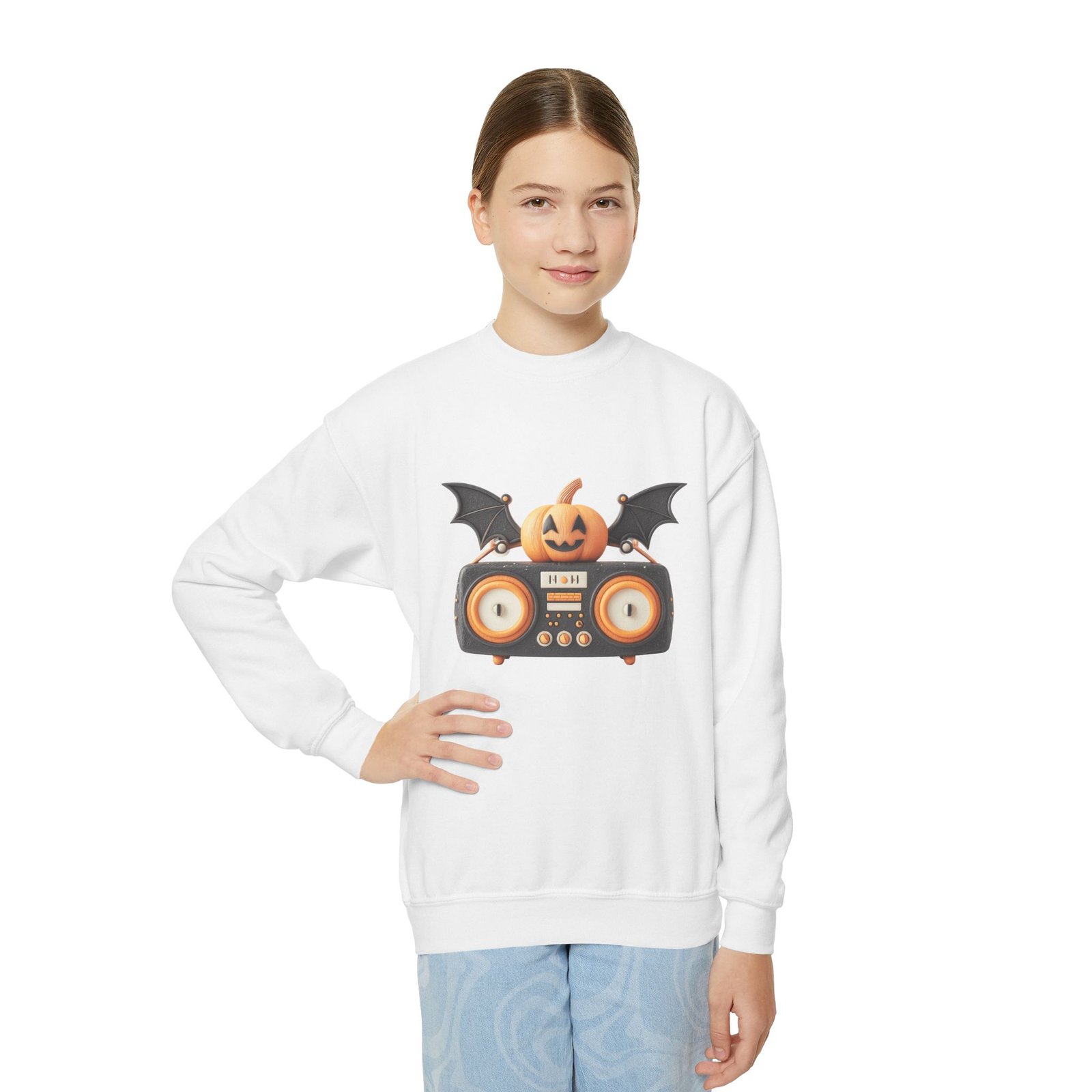 Halloween Pumpkin Boombox Youth Sweatshirt, Spooky Crewneck for Kids, Fall Fashion, Trick-or-Treat Gift, Halloween Parties