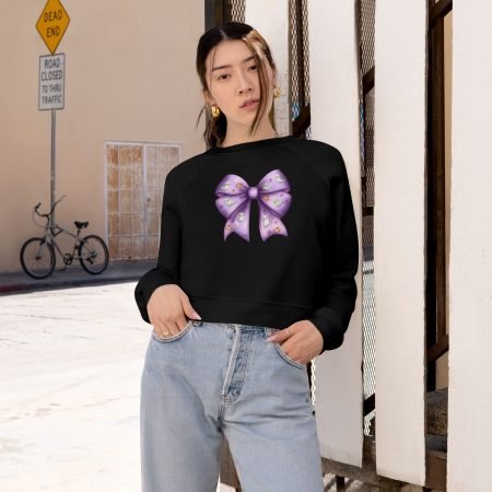 Chic Cropped Fleece Pullover with Purple Bow Design, Cute Sweater for Women, Trendy Fall Fashion, Casual Outfit, Gift for Her