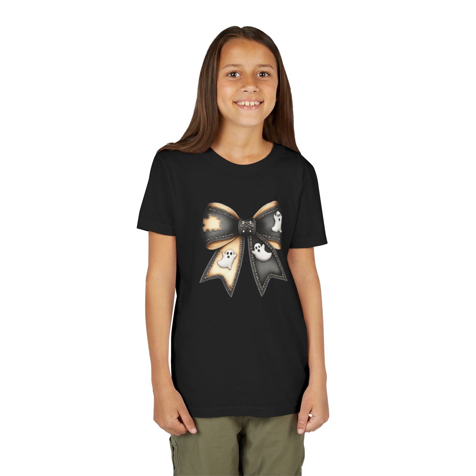 Ghostly Bow Youth Tee - Halloween Tee, Kids Short Sleeve Shirt, Spooky Shirt, Fall Fashion, Cute Ghost T-Shirt - Image 3