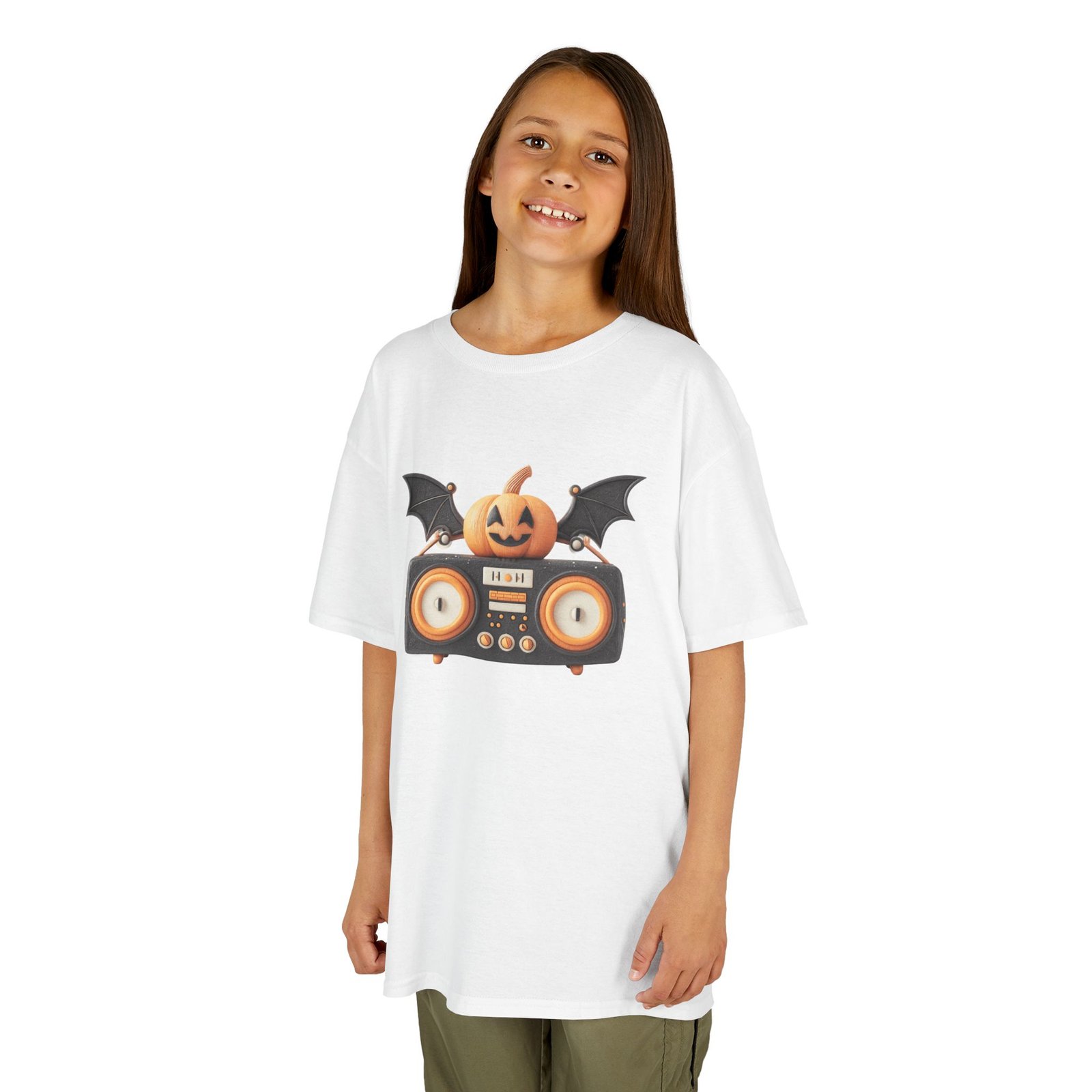 Halloween Pumpkin Boombox Kids Tee, Fun Graphic Tee, Kids Halloween T-Shirt, Spooky Season Gift, Cute Trick or Treat Shirt