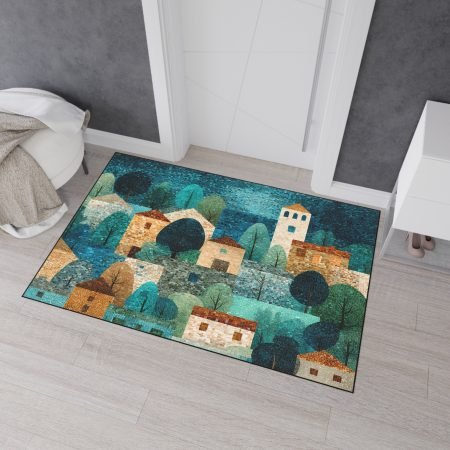 Rustic Heavy Duty Floor Mat with Scenic Village Design, Entryway Rug, Home Decor, Kitchen Mat, Gift for Housewarming