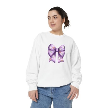 Purple Bow Unisex Garment-Dyed Sweatshirt, Cozy Gift for Her, Trendy Casual Wear, Perfect for Birthdays, Celebrations, Everyday Comfort