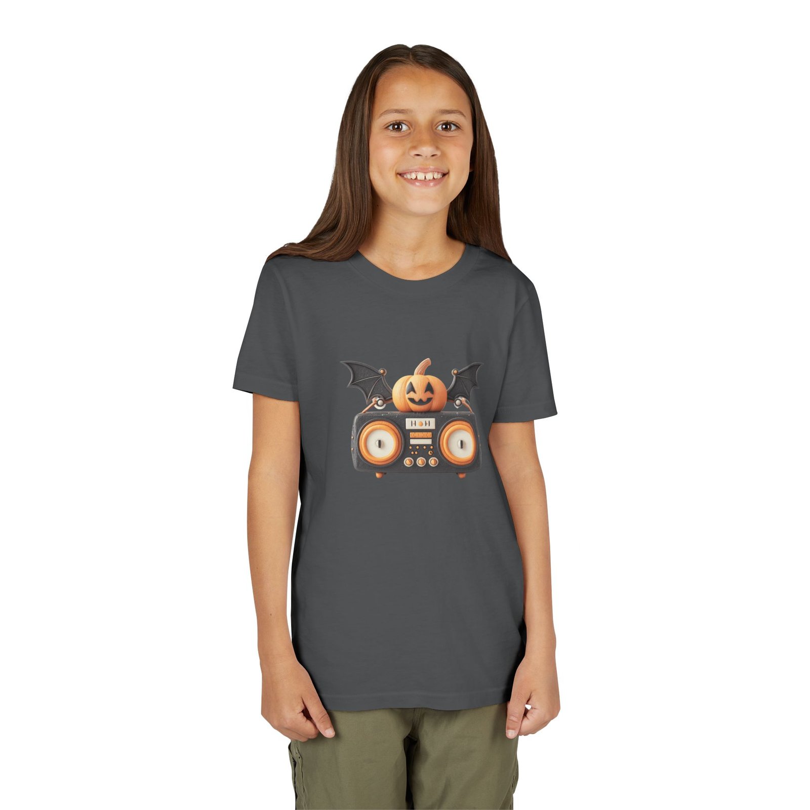 Halloween Youth Tee with Pumpkin & Bat Design, Spooky Shirt for Kids, Trick or Treat Outfit, Fall Celebration Top, Cute Halloween Apparel - Image 6