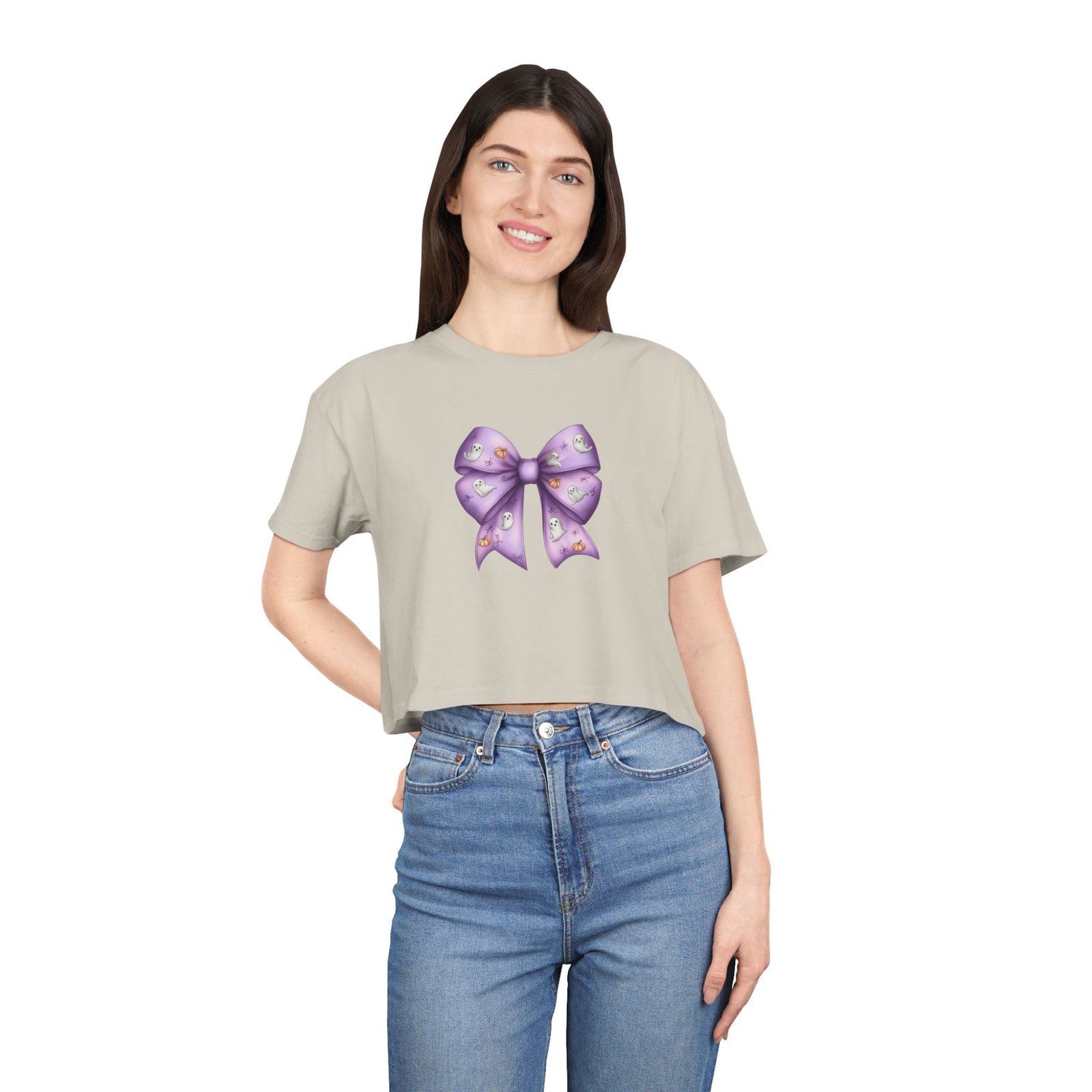 Women's Crop Tee with Purple Bow, Cute Casual Shirt, Summer Outfit, Gift for Her, Trendy Fashion Tee - Image 4