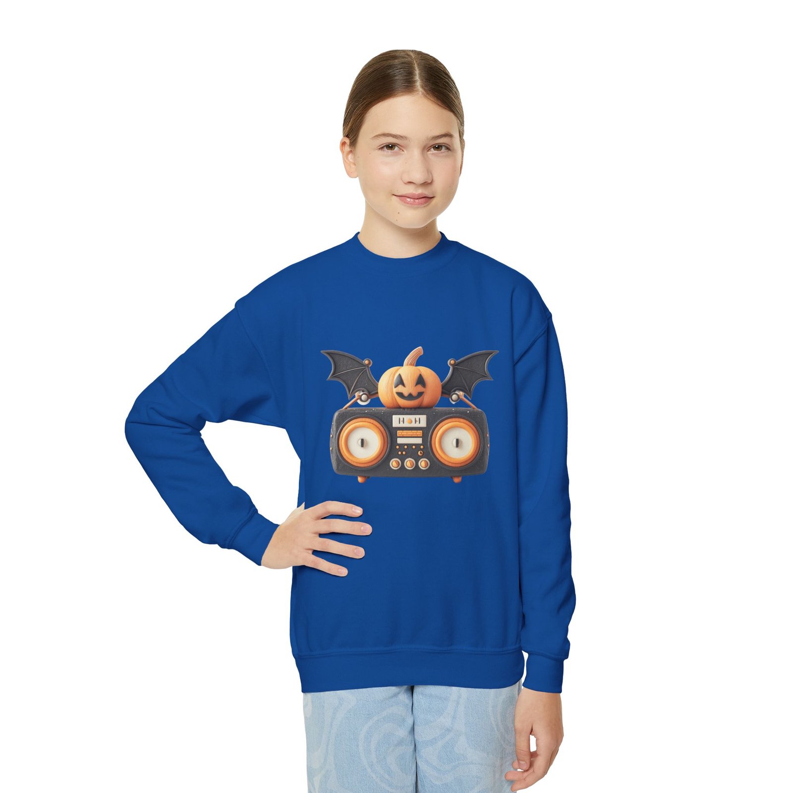 Halloween Pumpkin Boombox Youth Sweatshirt, Spooky Crewneck for Kids, Fall Fashion, Trick-or-Treat Gift, Halloween Parties - Image 4
