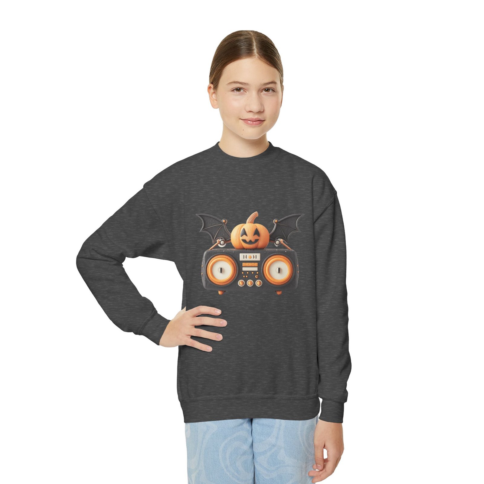 Halloween Pumpkin Boombox Youth Sweatshirt, Spooky Crewneck for Kids, Fall Fashion, Trick-or-Treat Gift, Halloween Parties - Image 3