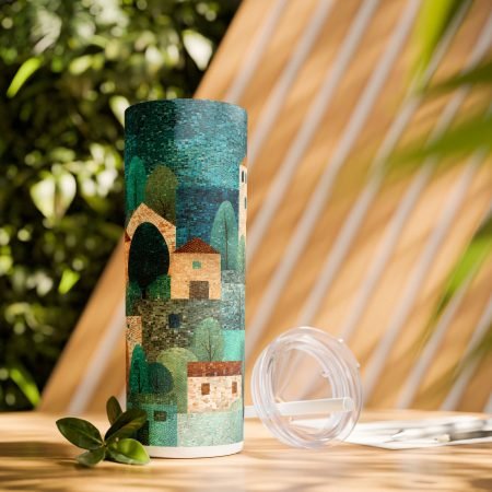 Whimsical Village Skinny Tumbler with Straw, 20oz - Ideal for Travel, Gifts, Summer Days, Eco-Friendly Drink Vessels
