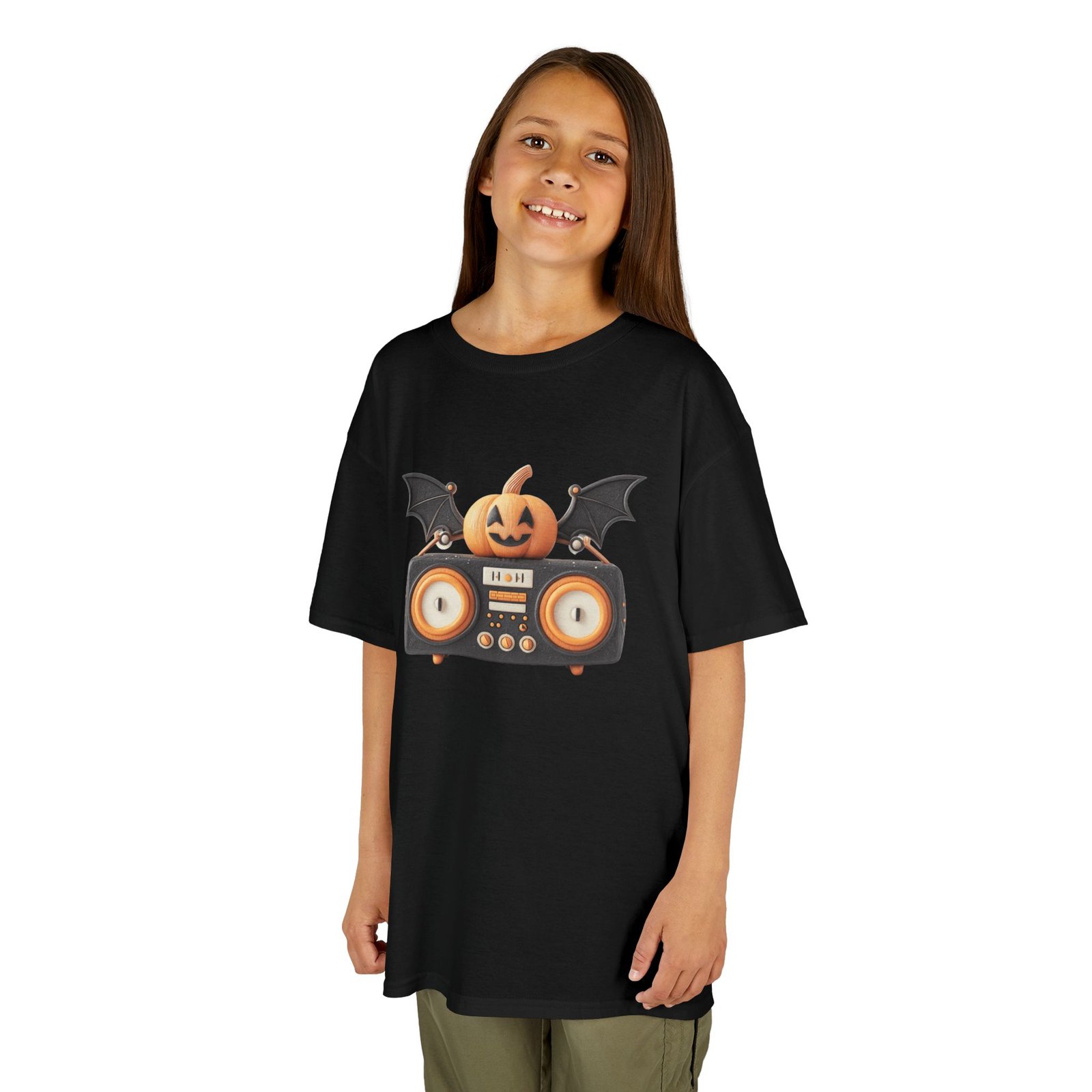Halloween Pumpkin Boombox Kids Tee, Fun Graphic Tee, Kids Halloween T-Shirt, Spooky Season Gift, Cute Trick or Treat Shirt - Image 2