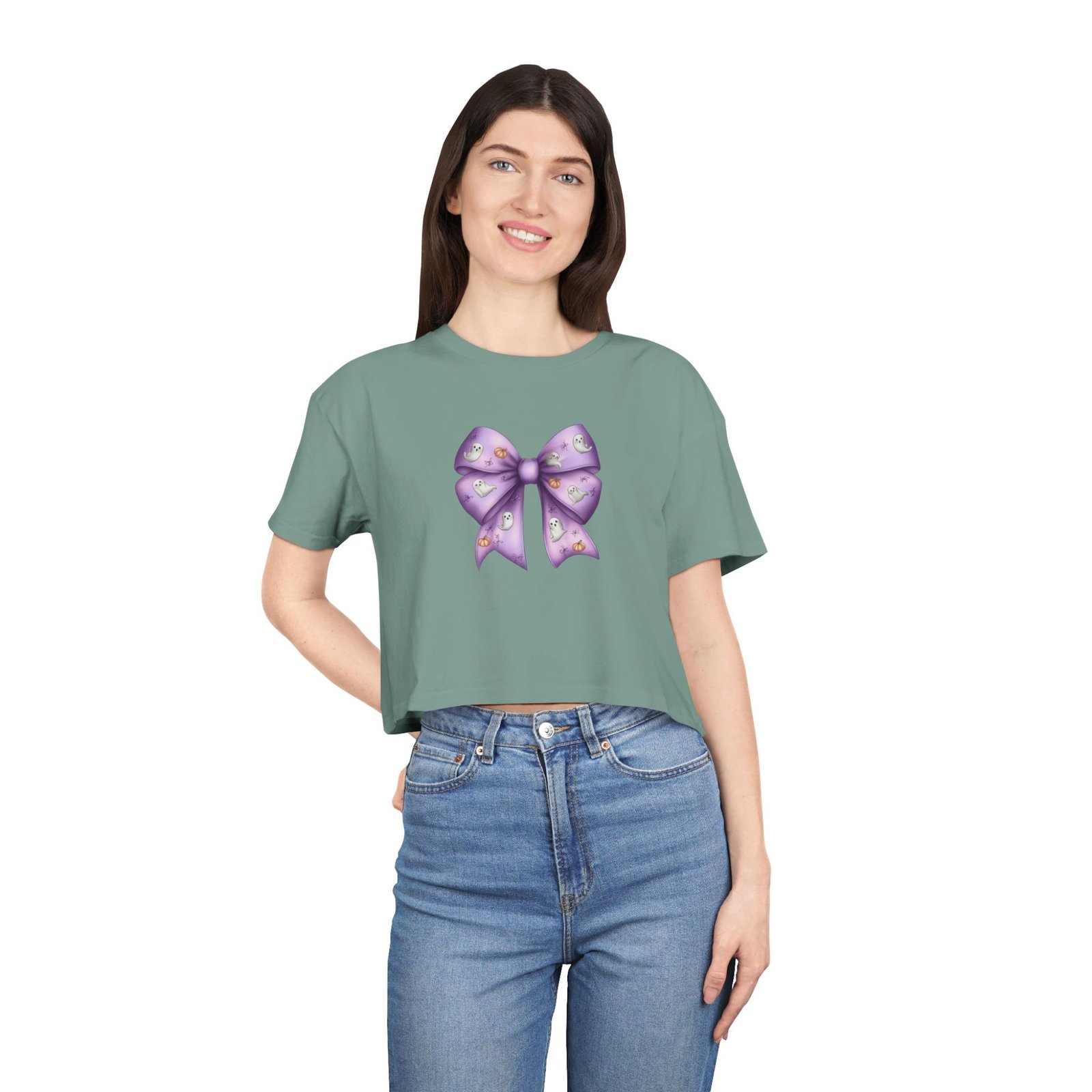 Women's Crop Tee with Purple Bow, Cute Casual Shirt, Summer Outfit, Gift for Her, Trendy Fashion Tee - Image 7