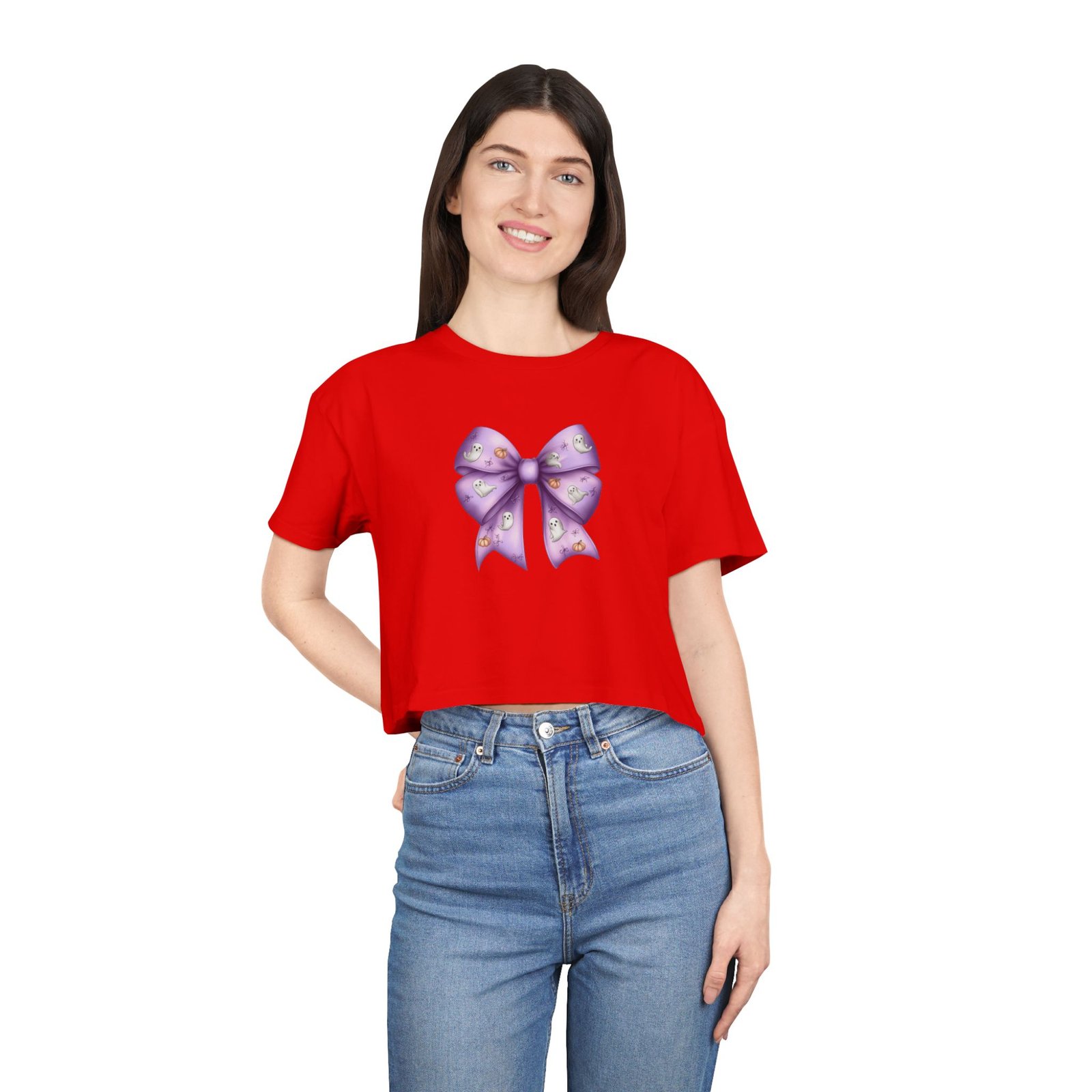 Women's Crop Tee with Purple Bow, Cute Casual Shirt, Summer Outfit, Gift for Her, Trendy Fashion Tee - Image 2
