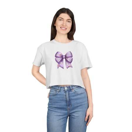 Women's Crop Tee with Purple Bow, Cute Casual Shirt, Summer Outfit, Gift for Her, Trendy Fashion Tee