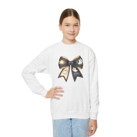 Ghost Bow Youth Crewneck Sweatshirt, Halloween Sweatshirt, Kids Cozy Top, Spooky Season Sweatshirt, Fall Fashion, Gift for Kids