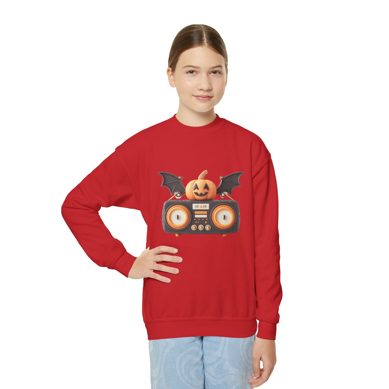 Halloween Pumpkin Boombox Youth Sweatshirt, Spooky Crewneck for Kids, Fall Fashion, Trick-or-Treat Gift, Halloween Parties - Image 6