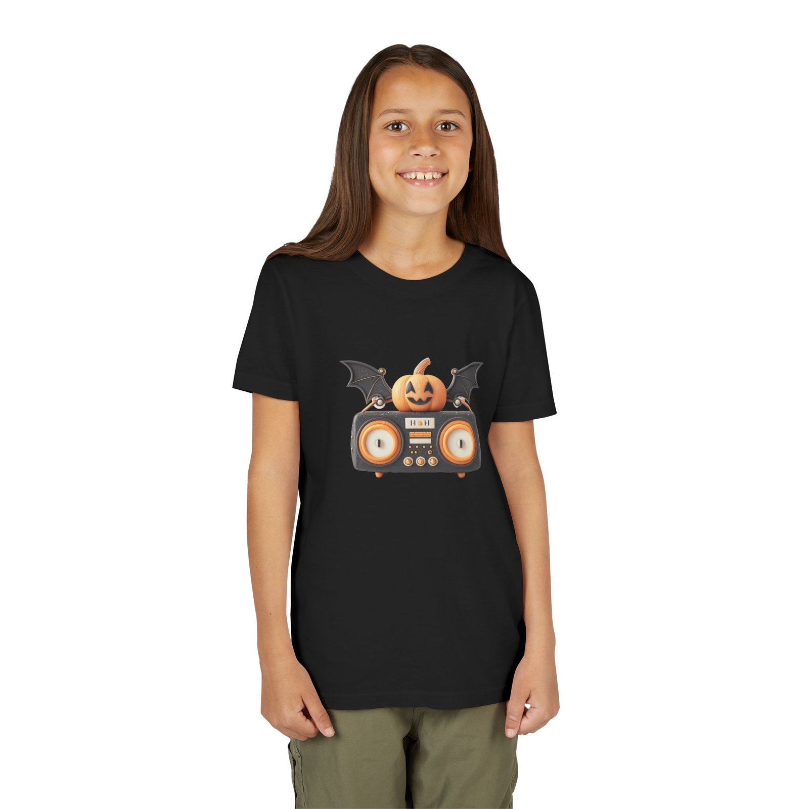 Halloween Youth Tee with Pumpkin & Bat Design, Spooky Shirt for Kids, Trick or Treat Outfit, Fall Celebration Top, Cute Halloween Apparel - Image 3
