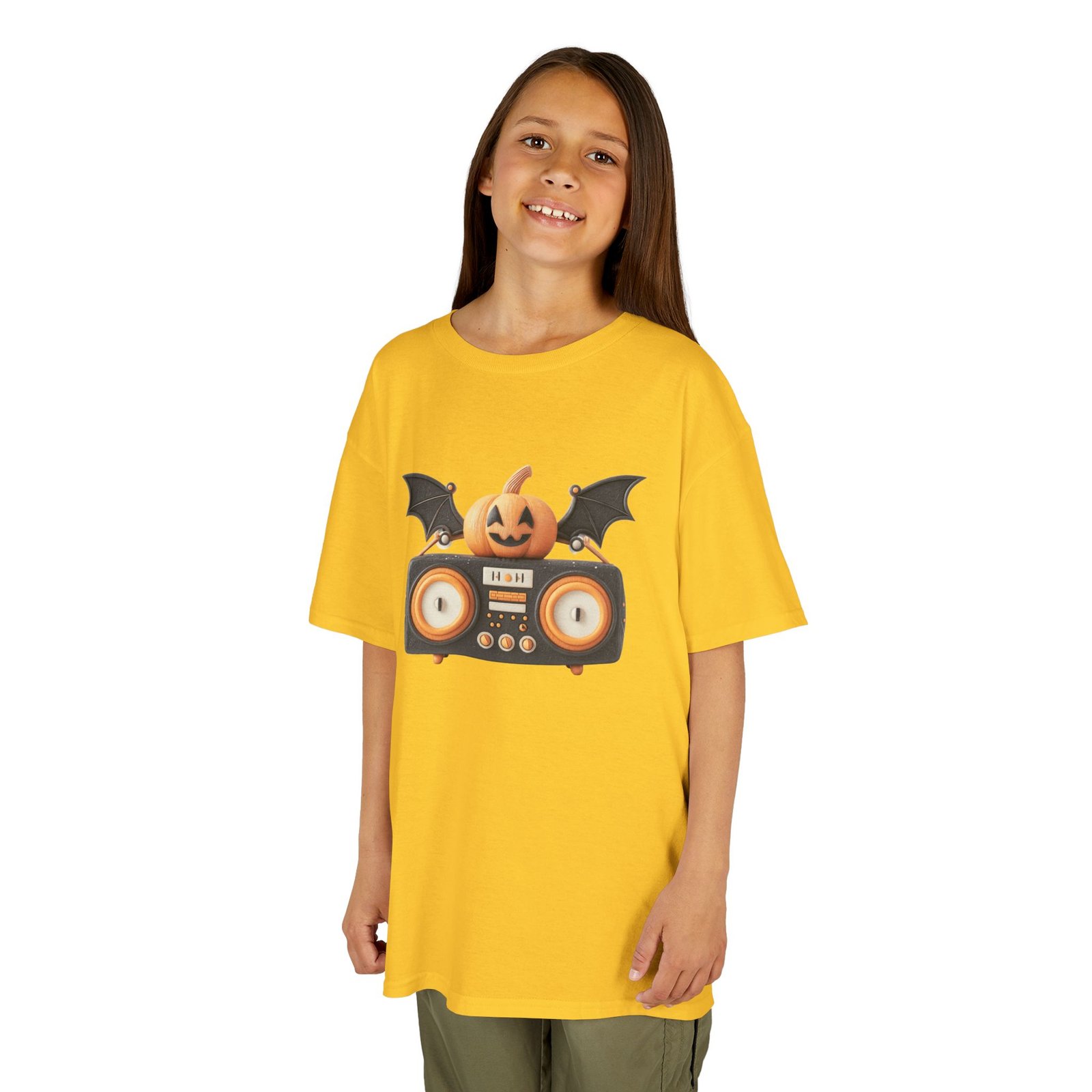 Halloween Pumpkin Boombox Kids Tee, Fun Graphic Tee, Kids Halloween T-Shirt, Spooky Season Gift, Cute Trick or Treat Shirt - Image 3