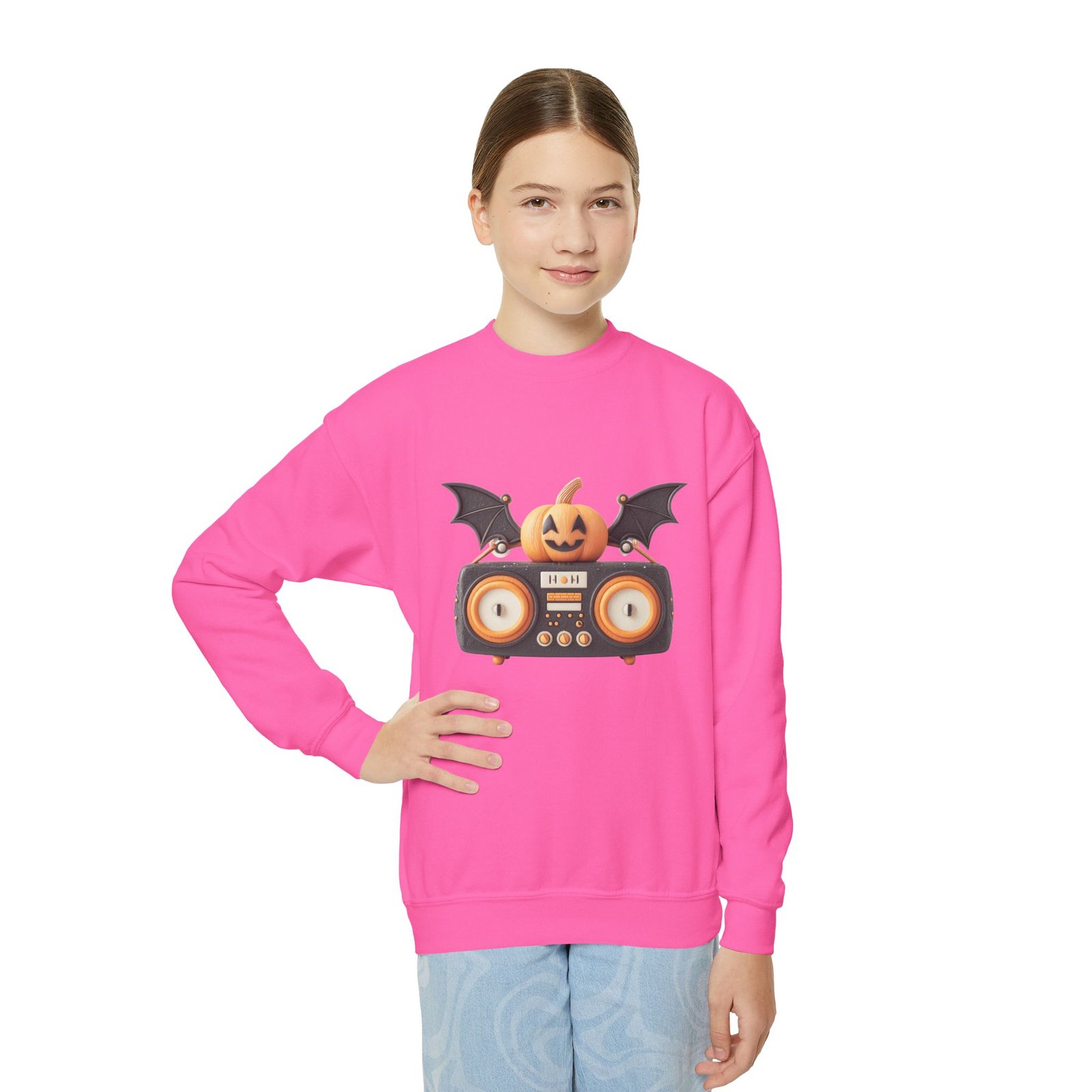 Halloween Pumpkin Boombox Youth Sweatshirt, Spooky Crewneck for Kids, Fall Fashion, Trick-or-Treat Gift, Halloween Parties - Image 5