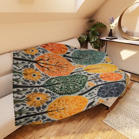 Cozy Tan Sherpa Blanket with Autumn Forest Design, Perfect for Fall Decor, Gift for Home, Throw Blanket, Holiday Warmth, Snuggle Up