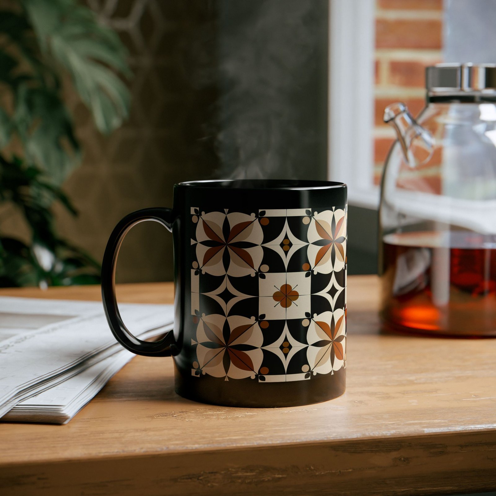 Ornate Black Mug - Bohemian Style, Tea Lover Gift, Coffee Enthusiast, Home Decor, Unique Kitchenware, Elegant Drinkware