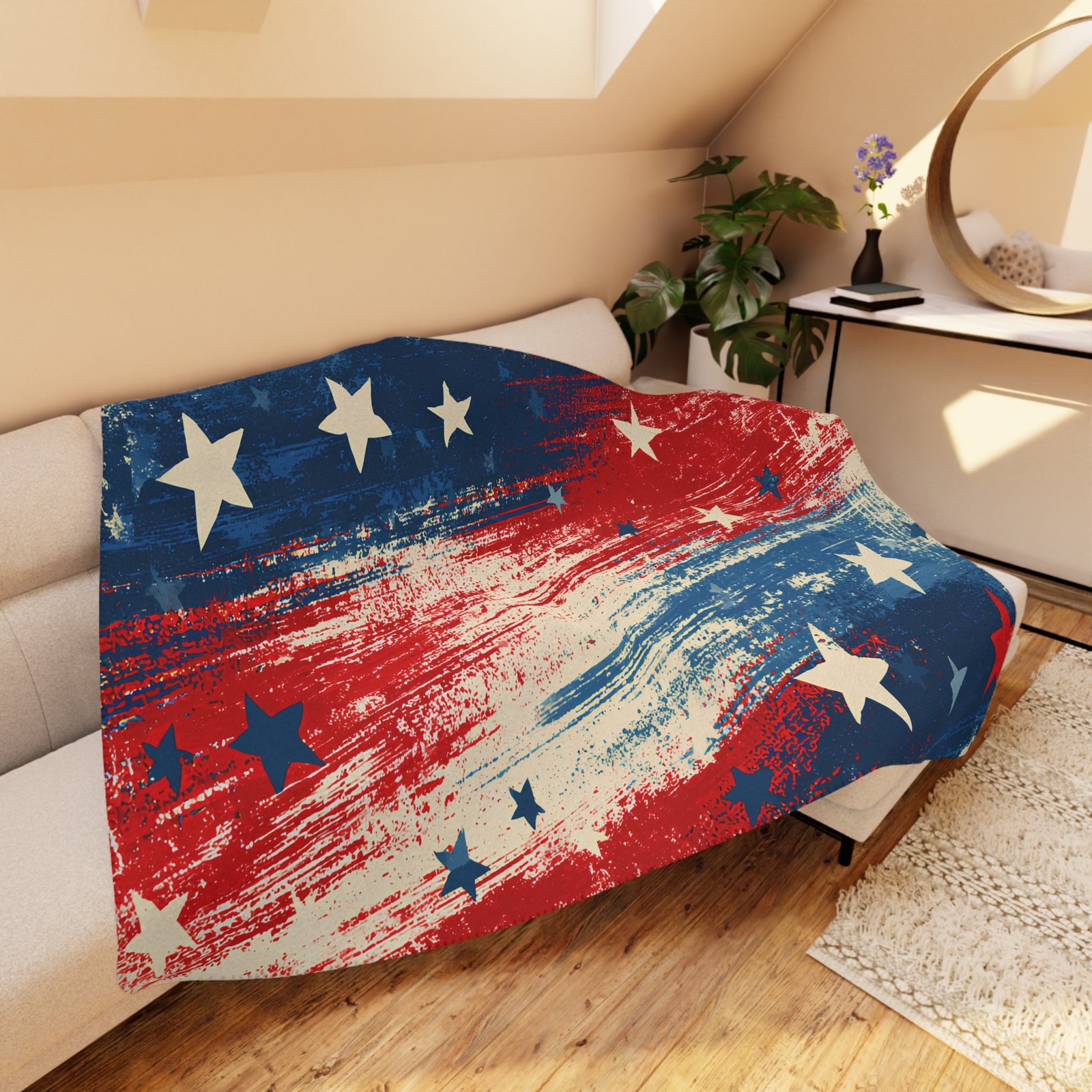 Patriotic Stars Sherpa Blanket – Tan Reversible Cozy Throw - Image 3