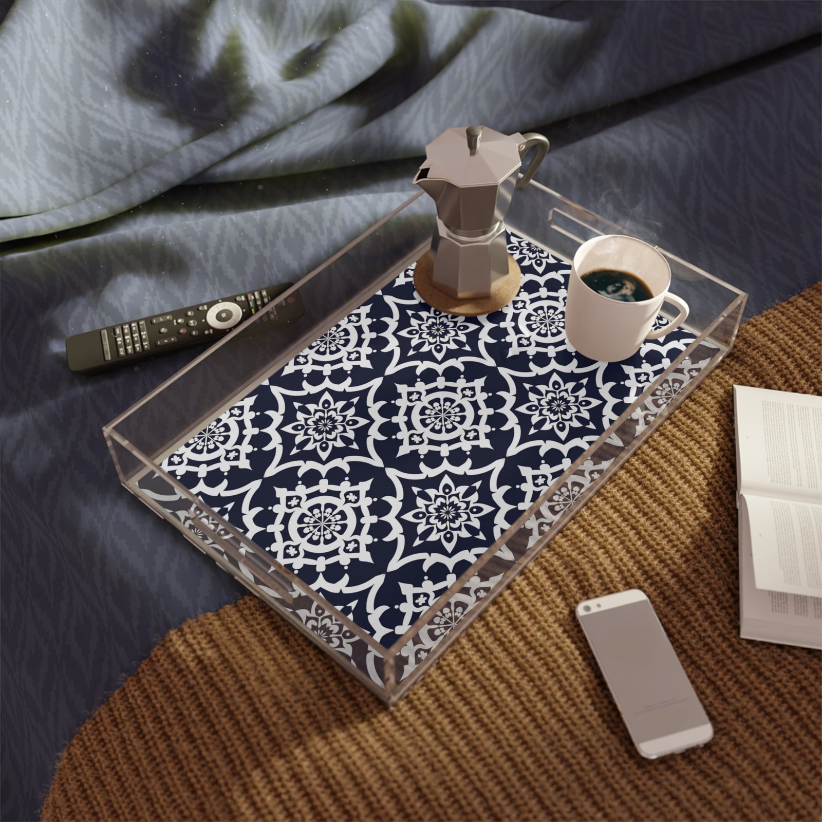 Navy Damask Acrylic Serving Tray — Decorative Tea & Cocktail Tray