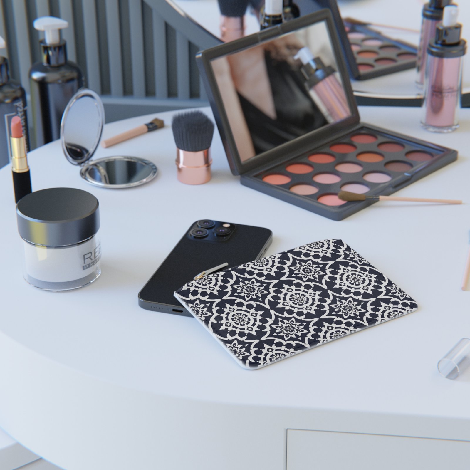 Mini Clutch Bag — Navy White Moroccan Tile Pattern Cosmetic Pouch