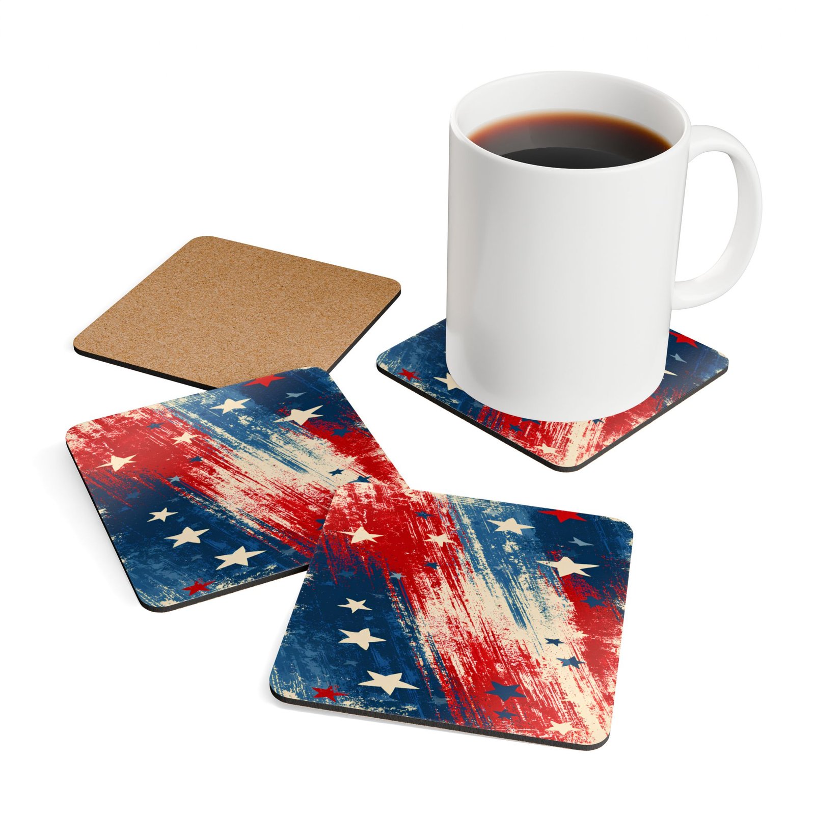 Patriotic Stars Cork Coaster Set — Distressed American Flag Drink Coasters (4-Pack) - Image 2