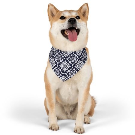 Navy Tile Print Pet Bandana Collar — Adjustable Decorative Dog & Cat Accessory