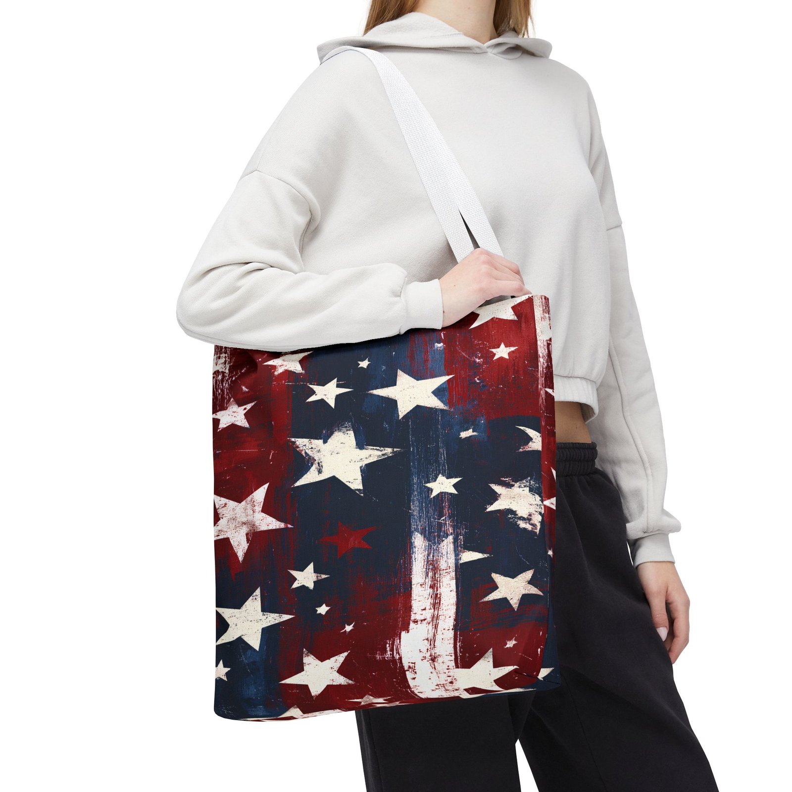 American Flag Stars Tote Bag — Patriotic Distressed AOP Shopper - Image 3