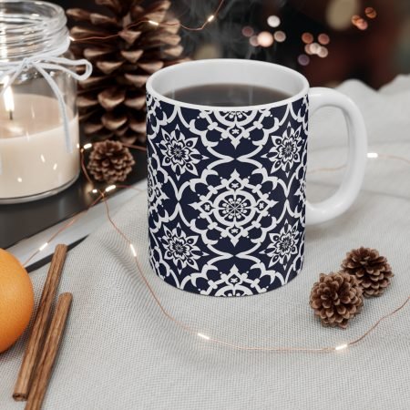 Navy Moroccan Tile 11oz Ceramic Mug — Elegant Geometric Pattern Coffee Cup