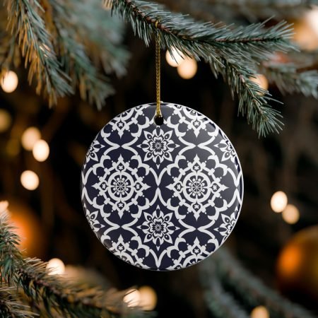 Navy Moroccan Tile Ceramic Ornament — Round Holiday Decoration