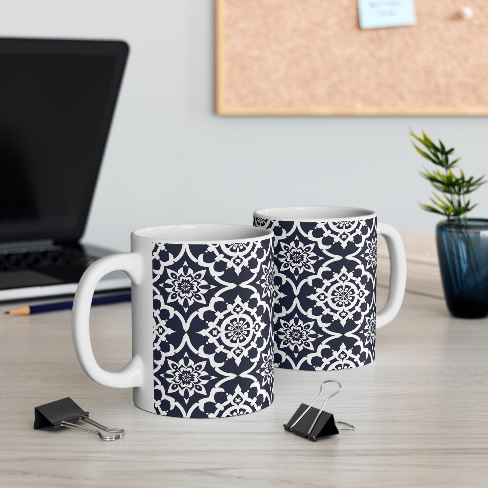 Navy Moroccan Tile 11oz Ceramic Mug — Elegant Geometric Pattern Coffee Cup - Image 3