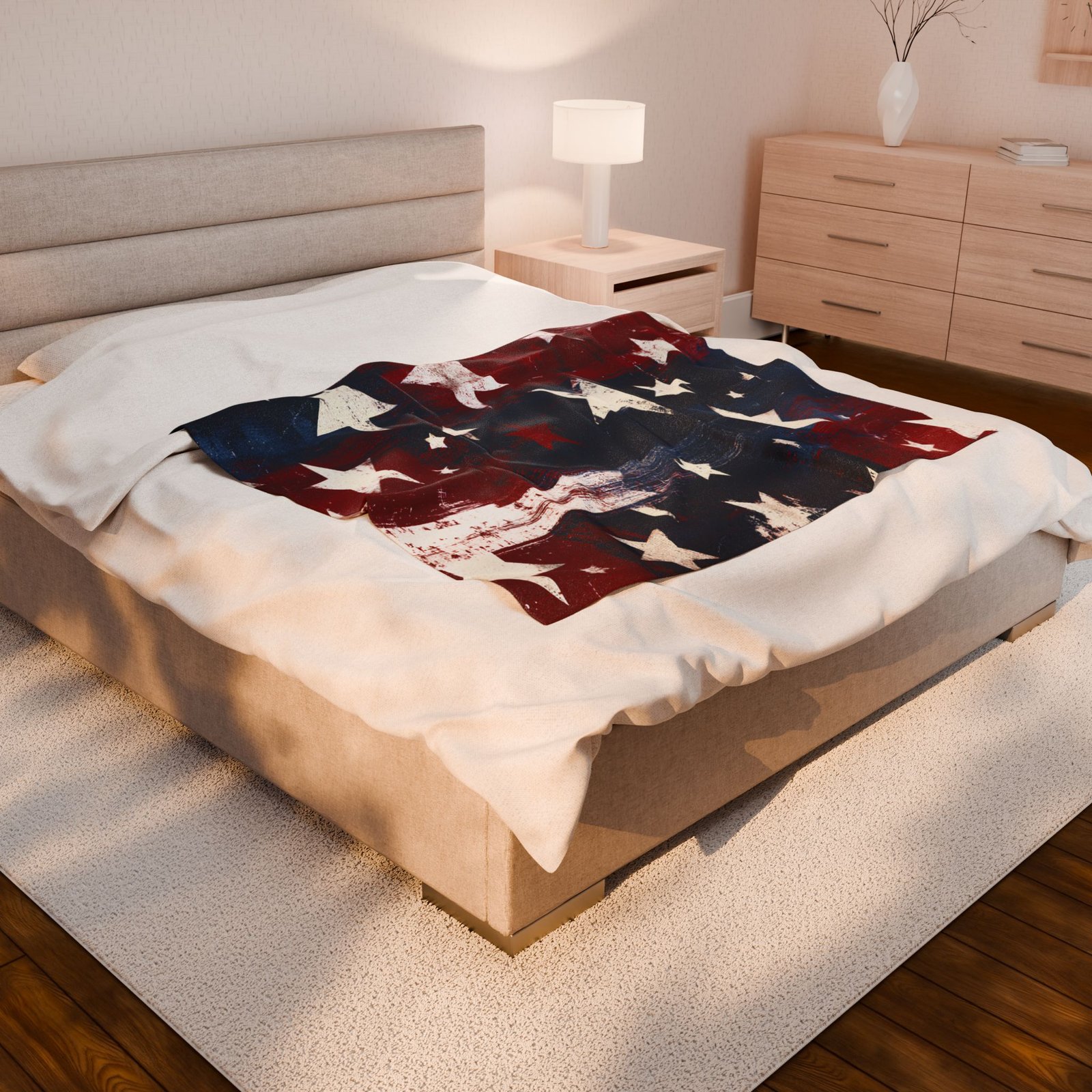 American Flag Velveteen Plush Blanket – Distressed Stars & Stripes Throw for 4th of July, Patriotic Home Decor