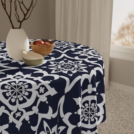 Navy Blue Moroccan Tile Tablecloth — Elegant Geometric Table Linen