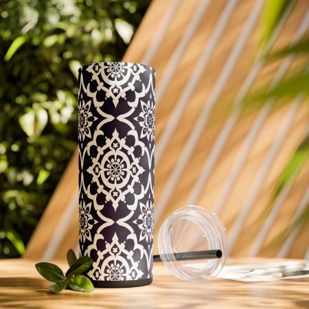 20oz Skinny Tumbler – Navy White Moroccan Tile Stainless Steel Cup with Straw