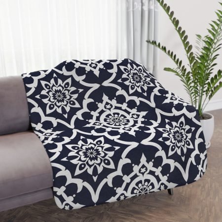 Sherpa Blanket — Navy Moroccan Tile Pattern on Tan Plush Backing