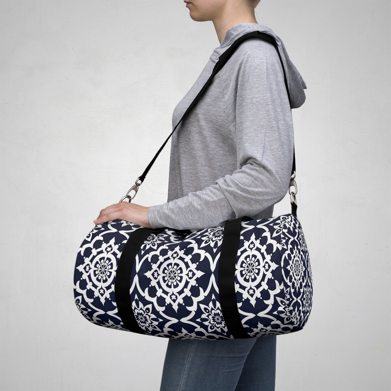 Navy Moroccan Tile Duffel Bag — Stylish Travel Gym Tote
